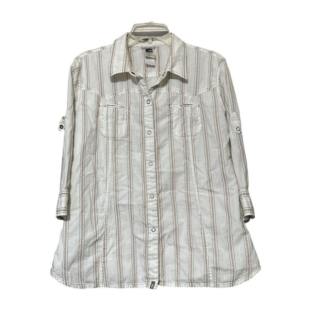 The North Face Women XL Snap Front Roll Tab Shirt Cotton Tan Stripe 3/4 Sleeve